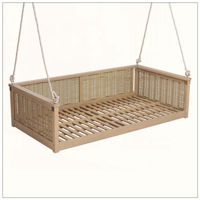 Lit double en bois massif d'extérieur classique en bois massif, cadre de balançoire en rotin de jardin avec longues cordes pour la piscine