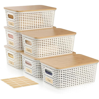 Quart Plastic Storage Bin With Bamboo Lid Stackable Decorative Storage Basket Box Containers With Label For Closet Office Playroom Classroom Pack