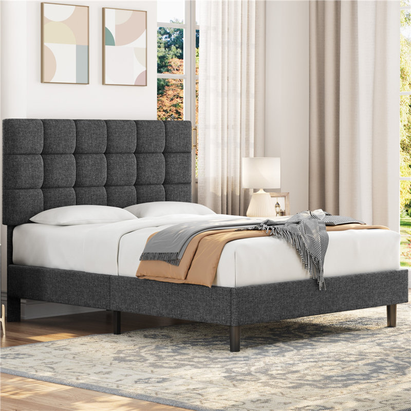 Size Modern Upholstered Bed Frame with Adjustable Square Tufted Headboard, Double (4'6), Dark Grey