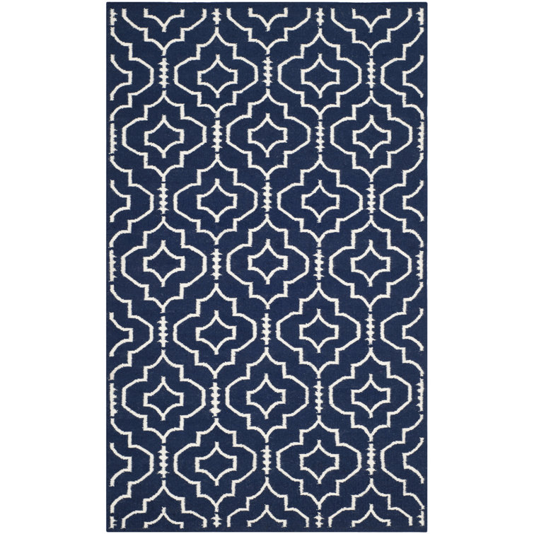 Rodgers Hand Woven Flat Weave Wool/Cotton Geometric Rug in Blue/Ivory