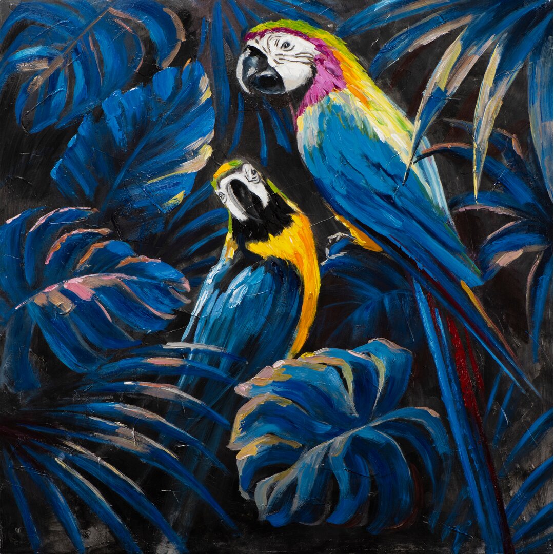 Gerahmtes Leinwandbild - Gemälde „Blue Parrots in Love”