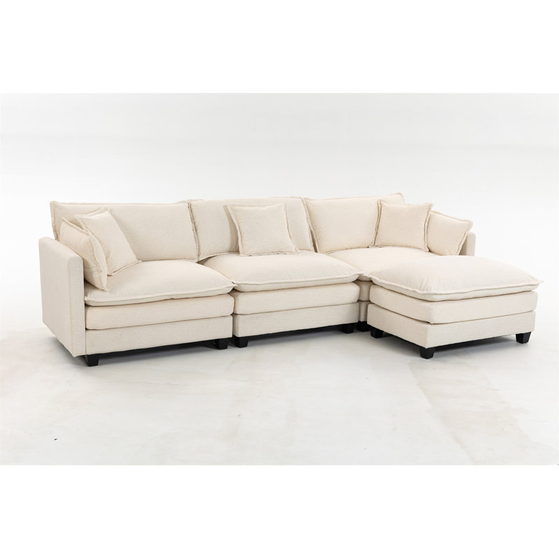 Modern 3Seats With Ottoman 114.17"Sectional Sofa With Waist Pillows, Antique White Chenille