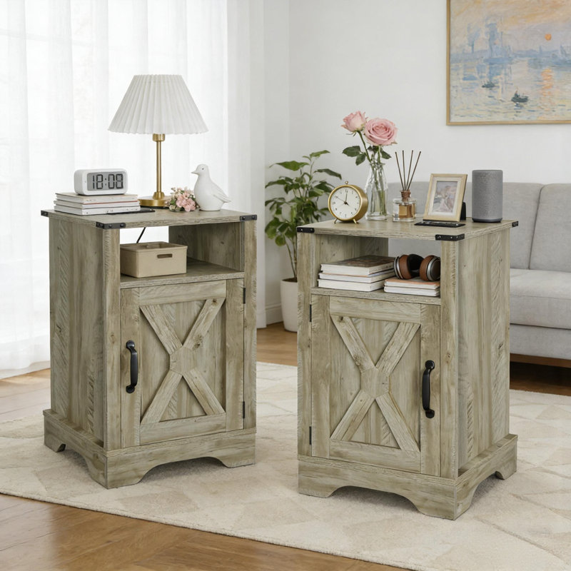 Table de chevet Bradford Farmhouse, Gris chêne français, Ensemble de 2