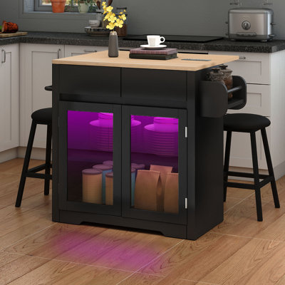  3 Pieces Kitchen Island Set With Storage Cabinet, Drawers, Power Outlets & 2 Stools