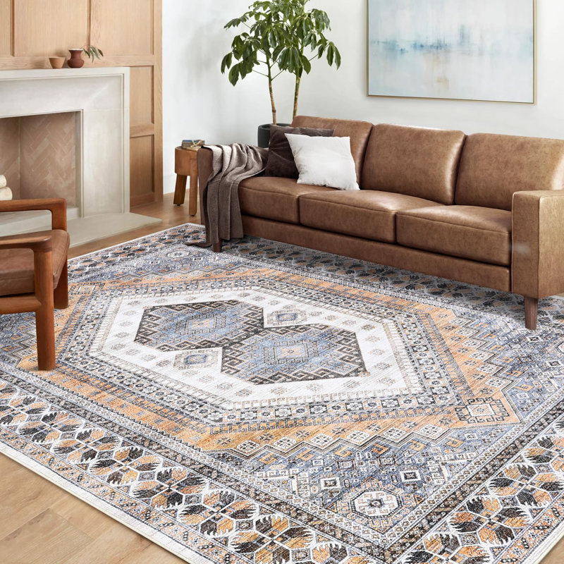 Machine Washable Rug Low Pile Rug Bohemian Tribal Bedroom Rug Stain Resistant Ultra-Thin Non-Slip Distressed Carpet for Living Room