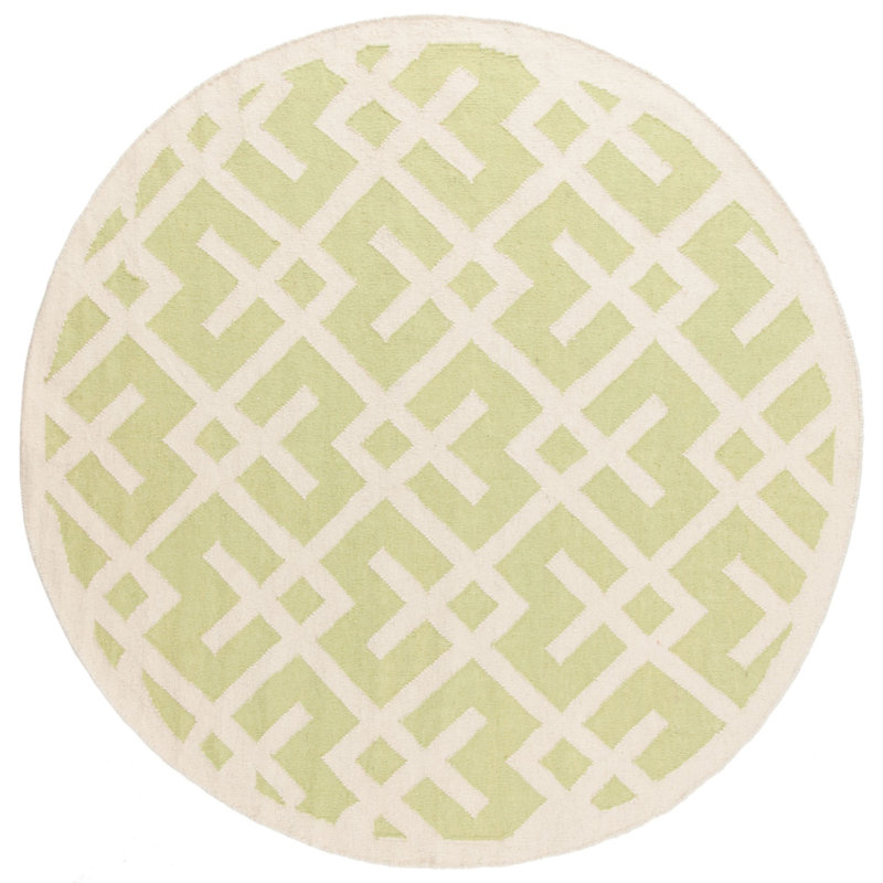 Crawford Hand Woven Flat Weave Wool/Cotton Geometric Rug in Ivory/Light green, Round 6'