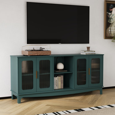 Meuble télé 65 po pour téléviseur de 70 po ou moins, meuble télé avec porte en verre de style Mid-Century moderne, meuble audio-vidéo avec meuble de rangement, console média en bois pour la chambre à coucher et le salon