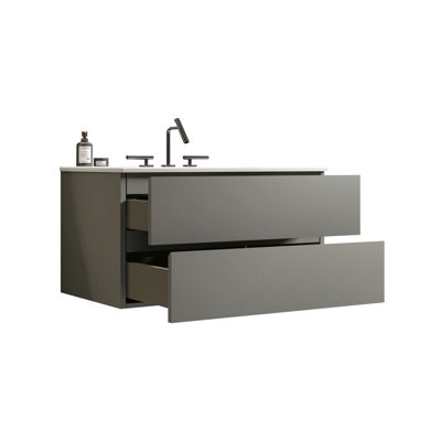 White+Grey Bathroom Vanity - Space Grey Ceramic Sink Construction With Silent Modern Cabinet Basin Shelf Unit