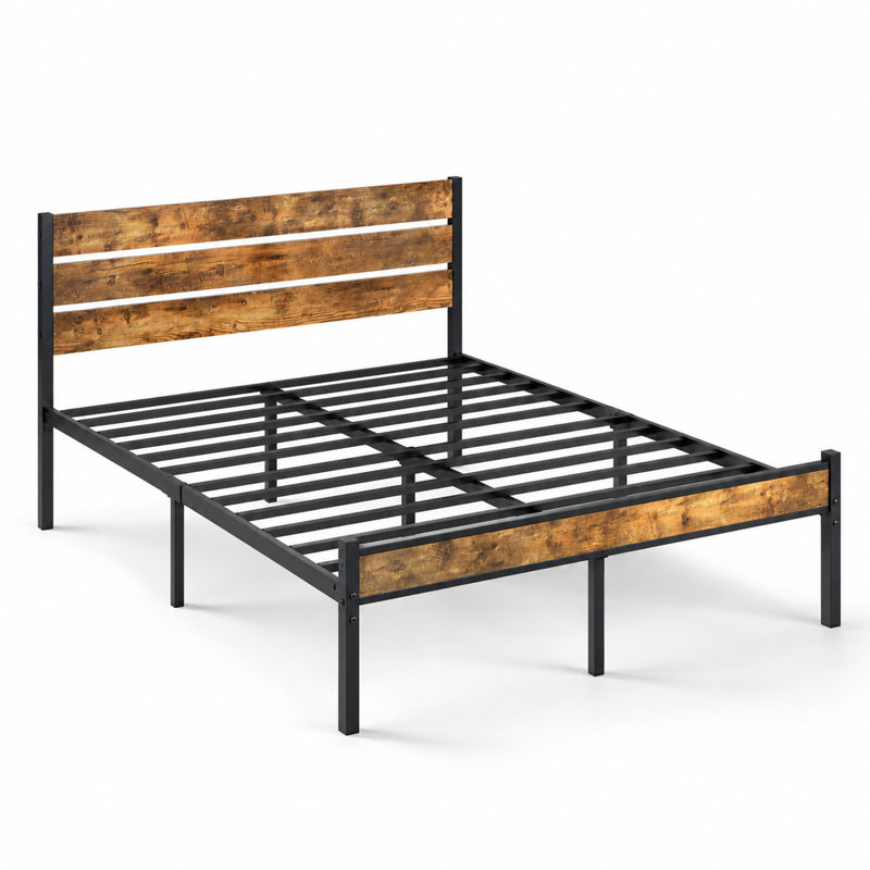 Structure de lit plateforme double avec tête de lit en bois, structure de lit en métal robuste avec espace de rangement sous le lit, support de matelas robuste avec structure et pieds renforcés