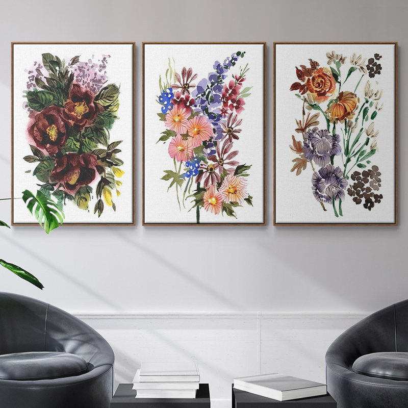 " Garden Bouquets I " 3 - Pieces, 36" H x 72" W  x 2" D, Walnut