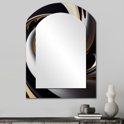 Vitrail doré noir et blanc III - Miroir décoratif en forme d'arche abstraite sur métal