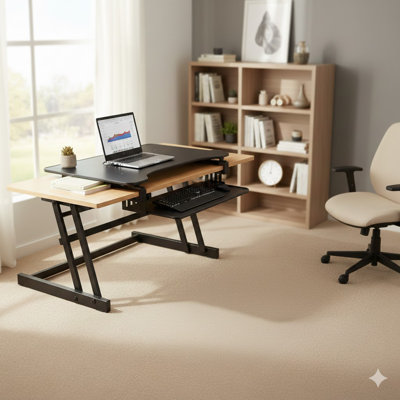 Convertisseur de bureau debout réglable en hauteur noir 32 po avec tapis anti-fatigue et plateforme pour écran double
