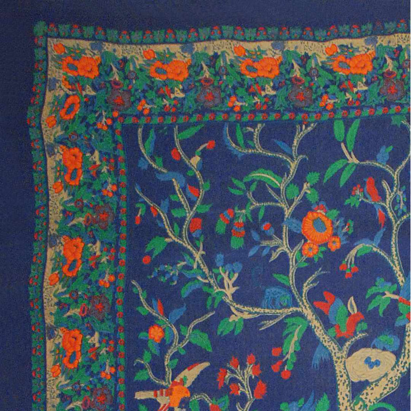 Handmade Cotton Floral Tree of Life Tapestry Tablecloth, 88" H x 104" W, Navy Blue