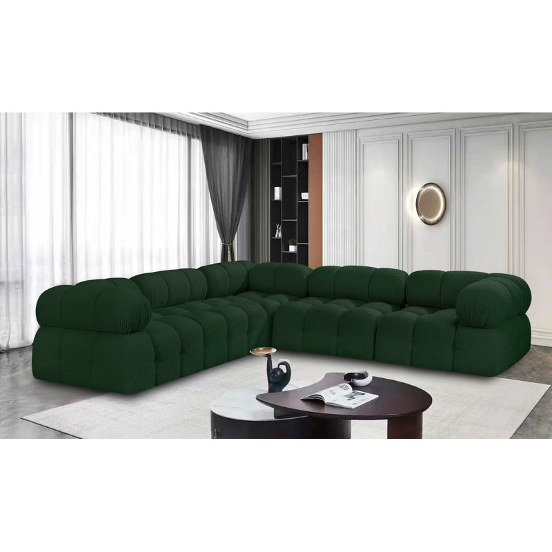 Canapé Ames, Tissu bouclé vert, 2 sans accoudoirs, 3 en coin