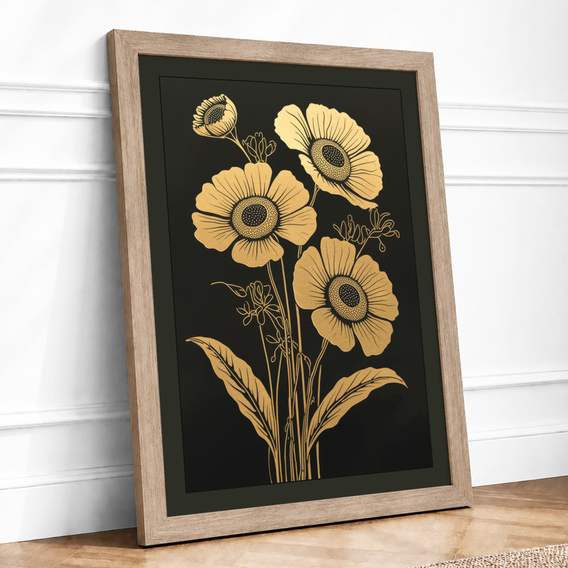 Sunflowers in Gold Botanical - Framed Print, A3 - 42.0 x 29.7 cm, Oak