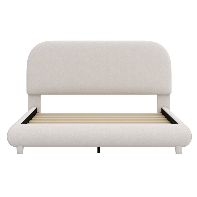 Lit plateforme tapissier avec tissu épais, structure solide et design courbé élégant, Double , Beige