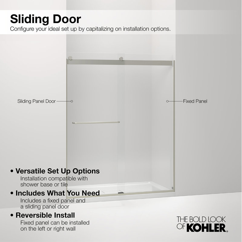 Revel 59.63'' x 55.5'' Double Sliding Semi-Frameless with CleanCoat® Technology, Anodized Brushed Nickel, Frosted