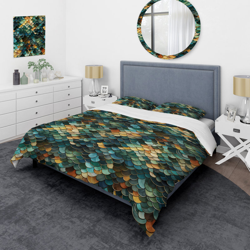 Ensemble de housse de couette à motif abstrait mosaïque émeraude et bleue, Housse de couette pour très grand lit et 2 très