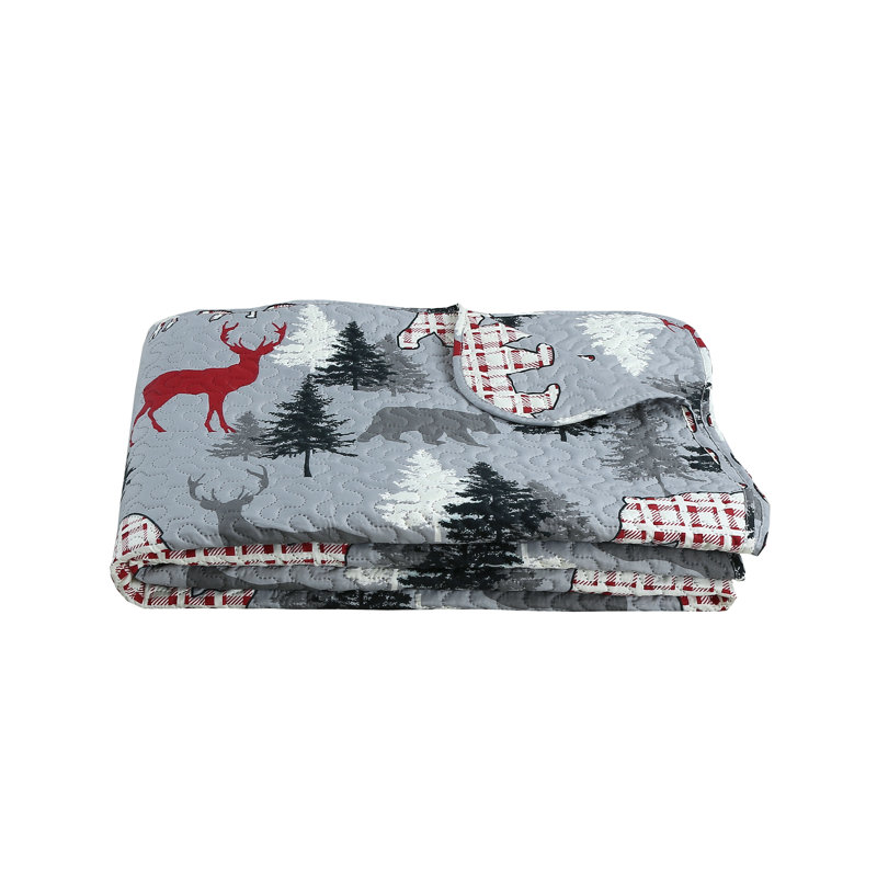 Gray Twin Microfiber Reversible Quilt Set with Woodland Print
