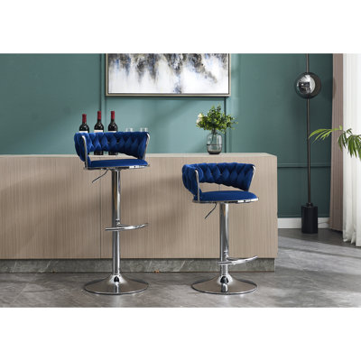 2 tabourets de bar en velours bleu - base en métal avec placage pour une apparence attrayante en velours réglable en hauteur, repose-pieds ergonomique