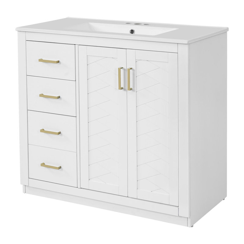 36" bathroom vanity with ceramic sink, White, Gold