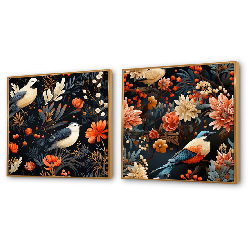 Clare - Ensemble de 2 collages floraux carrés, H 30 po x l 61 po, Cadre flottant doré