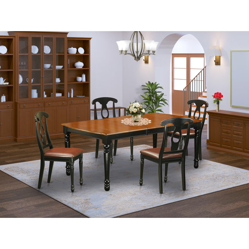 Ensemble de 5 pièces pour coin-repas pour 4 personnes comprenant une table de salle à manger rectangulaire avec rallonge papillon et 4 chaises de cuisine en similicuir, noir et cerise, 42 po x 78 po