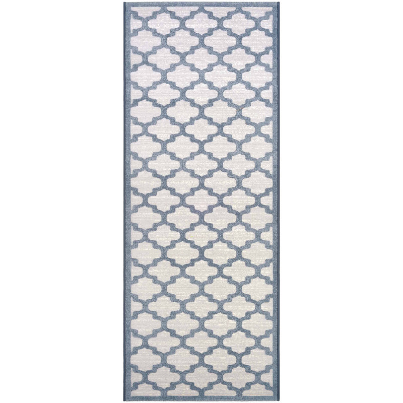 Tapis huître et bleu ardoise à motif géométrique Eunie, Tapis de couloir 2 pi 2 po x 7 pi 1 po