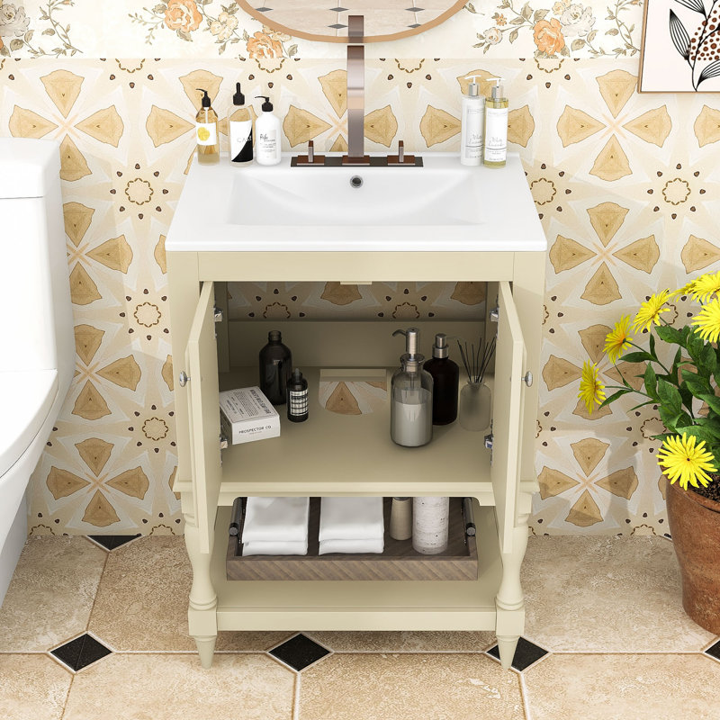 Meuble-lavabo de salle de bain avec lavabo en céramique, tablette et rangement fermé, Beige