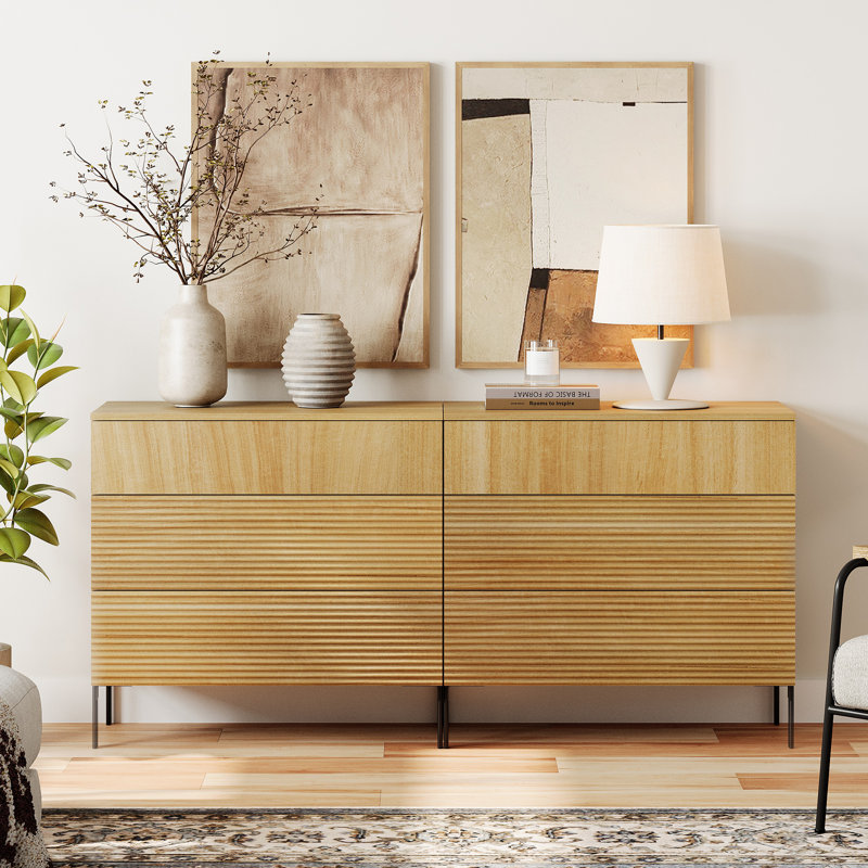 Union Rustic 63" Wood Accent Chest Set With Drawers, Modern Credenza Storage Cabinet With Reeded Design For Living Room, Kitchen, Dining Room, Hallway