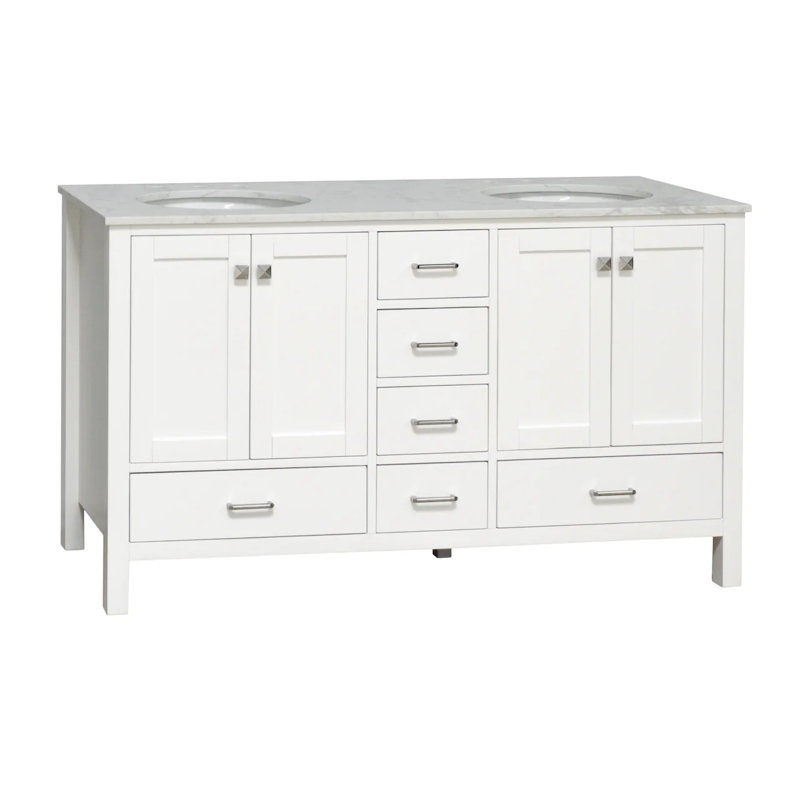 Ensemble de meuble-lavabo double 60 po Claudett, Blanc, Carrara d'ingénierie