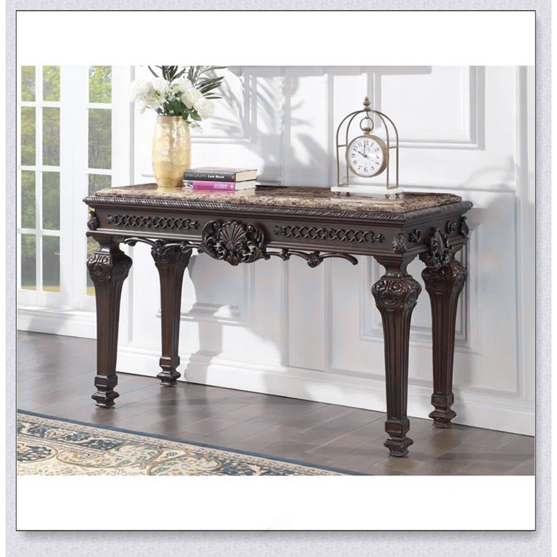Console traditionnelle en bois massif avec plateau en marbre, table d'entrée de salon sculptée à la main