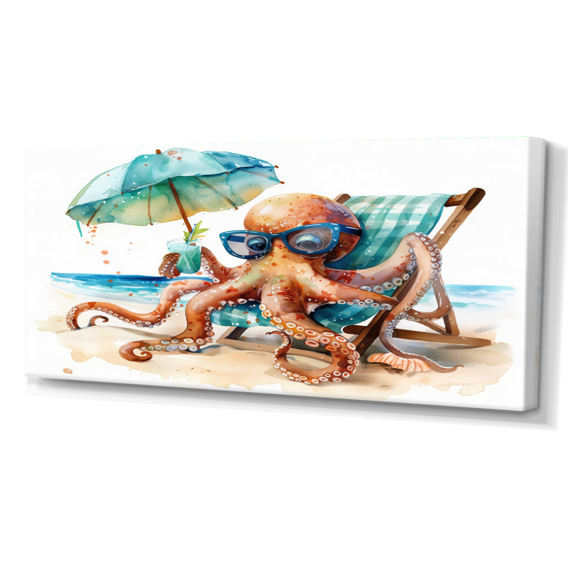 Pieuvre reposant sur une chaise de plage - pieuvre / calmar, Toile tendue, H 28 po x l 60 po x P 1,5 po