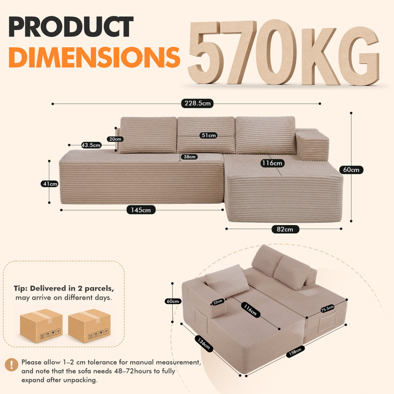 3 Seater Corduroy Sectional, Beige