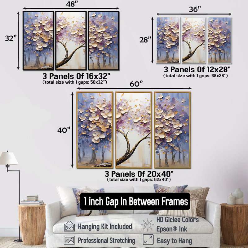 Tree Blossoming With White Flowers I - Tree Floral Wall Art Living Room Set, Black Floater Framed, 28" H x 36" W x 1" D