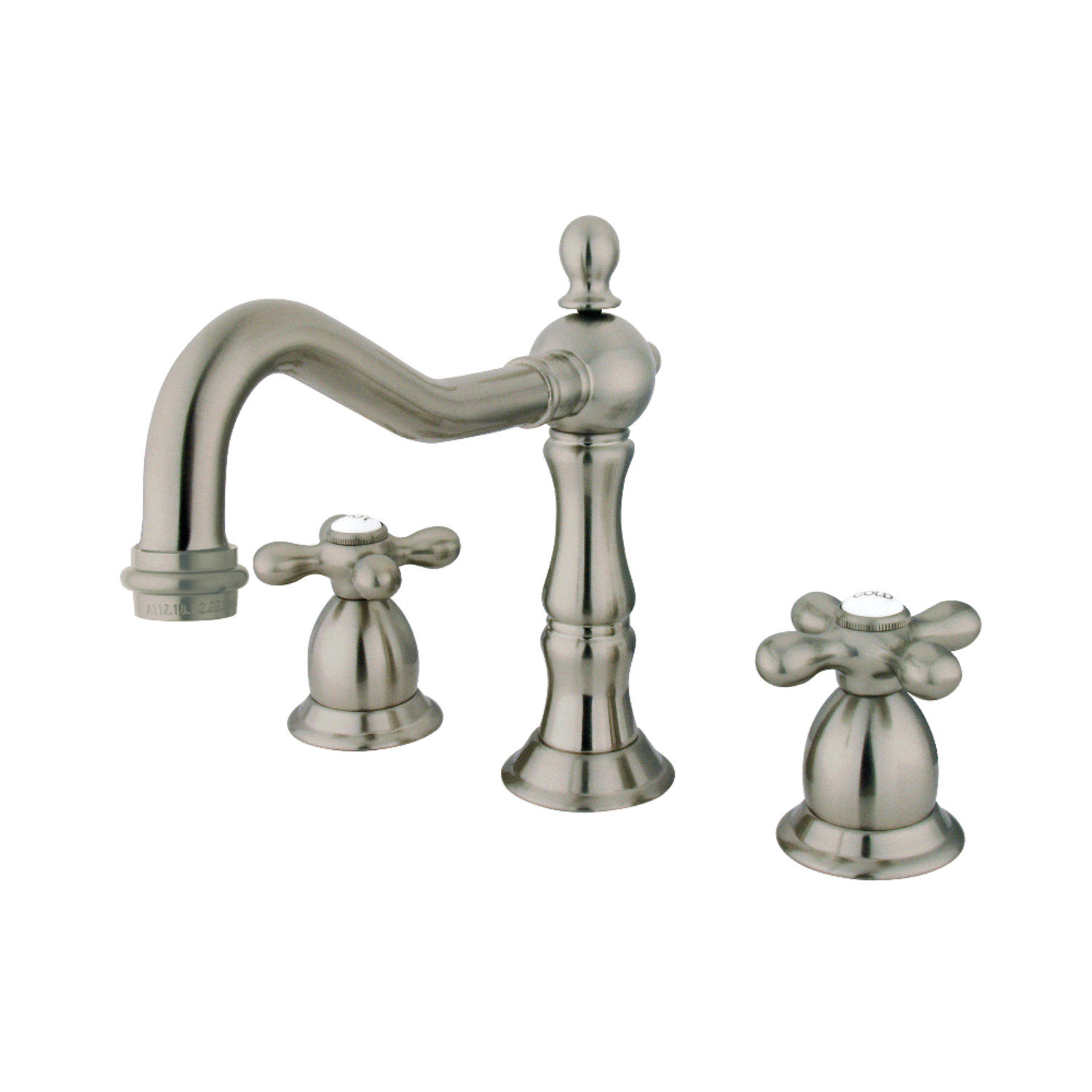 Kingston Brass Heritage Two-Handle 3-Hole Deck Mount Widespread Bathroom Faucet with Brass Pop-Up Drain, Brushed Nickel