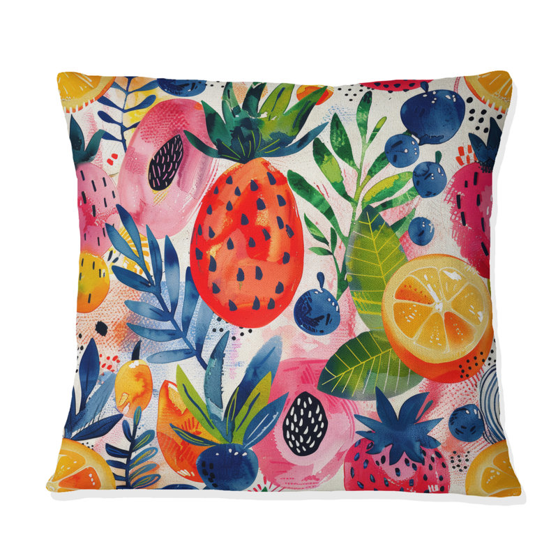 Coussin décoratif rouge, vert, fruits sauvages, aquarelle, H 18 po x l 18 po