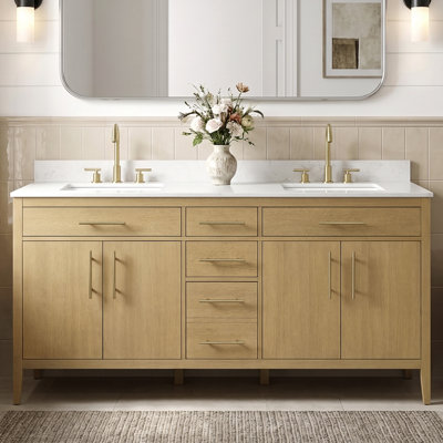 Meuble-lavabo double vasque de 183 cm (72 po) entièrement assemblé, avec comptoir et dosseret en granit blanc.
