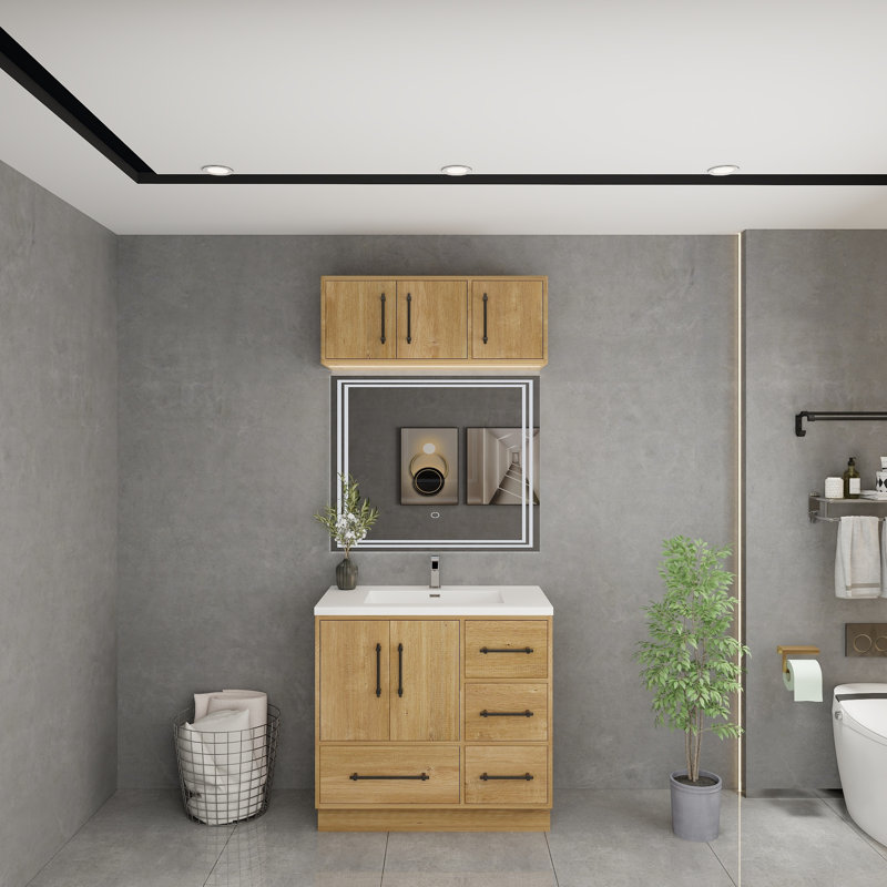 Meuble-lavabo autoportant de 36 po avec lavabo en acrylique renforcé Victoria (côté gauche) et armoire supérieure Victoria