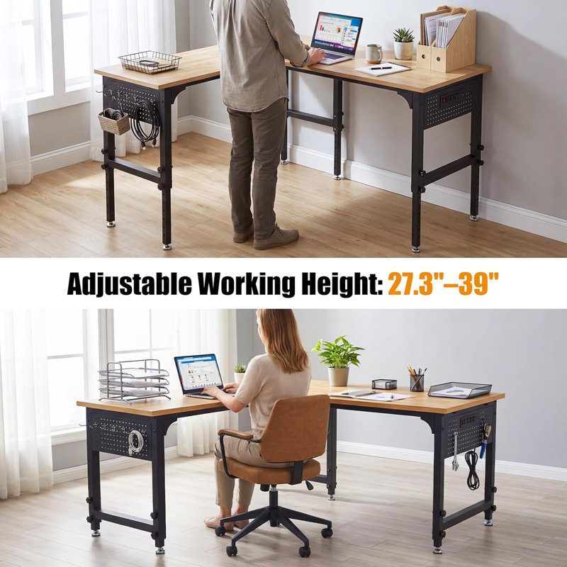 Banc de travail 70 po en L robuste, banc de travail réglable en hauteur, bancs de travail pour garage avec prise de courant et panneau perforé, table de travail en bois d'hévéa pour le bureau, l'atelier, la maison