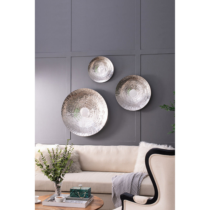 Décoration murale surdimensionnée à 3 disques texturés argentés pour salon, chambre à coucher, vestibule, bureau, 3 décorations en acier inoxydable, confortable