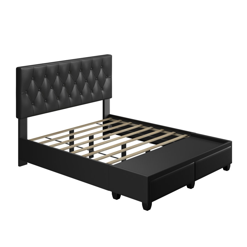  Structure de lit tapissier en similicuir, Noir, Double