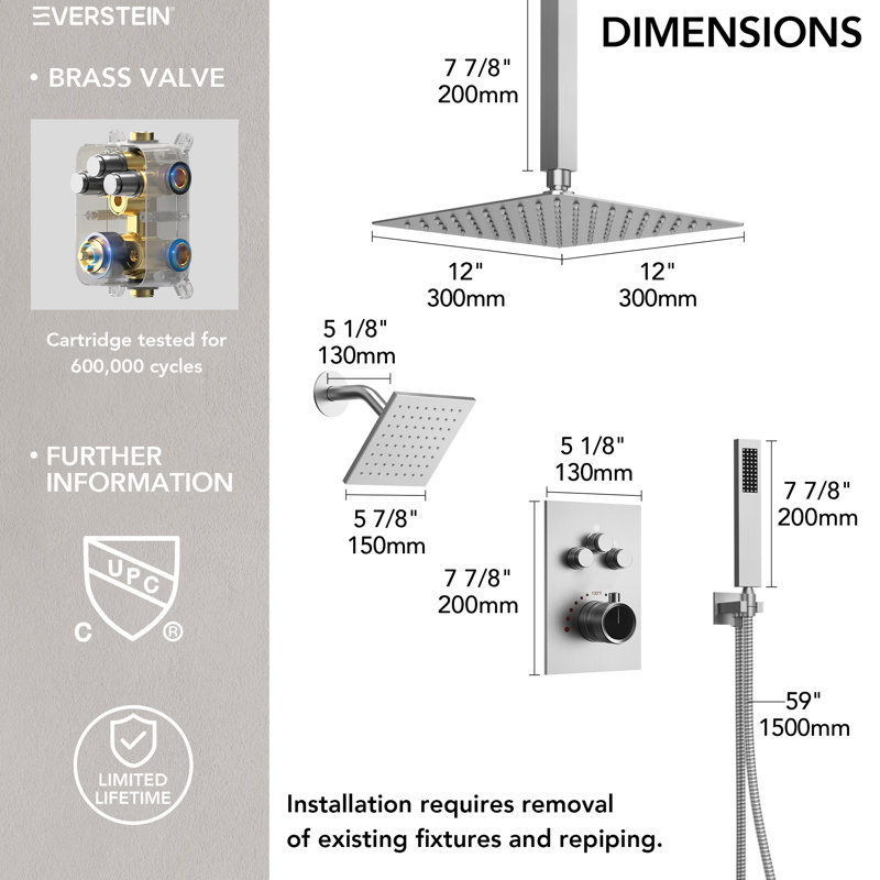 Robinet de douche à pluie haute pression de plafond de 12 po, système de pomme de douche à double effet de pluie avec valve thermostatique