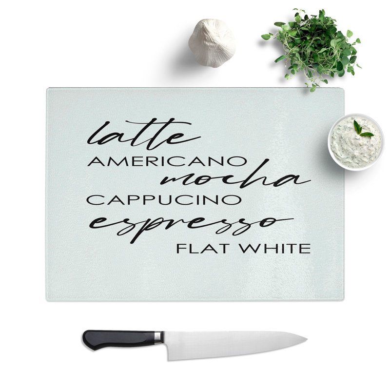 Coffee Types Typography Chopping Board, 0.4cm H x 28.5cm W x 39cm L