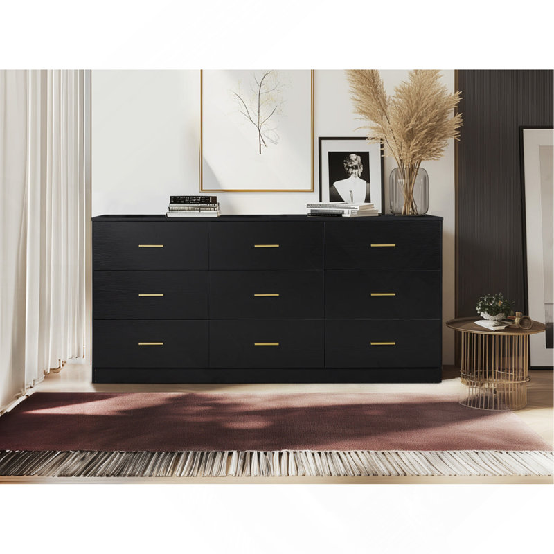 Commode élégante à 9 tiroirs - Armoire de rangement moderne avec poignées dorées et finition imperméable, Noir