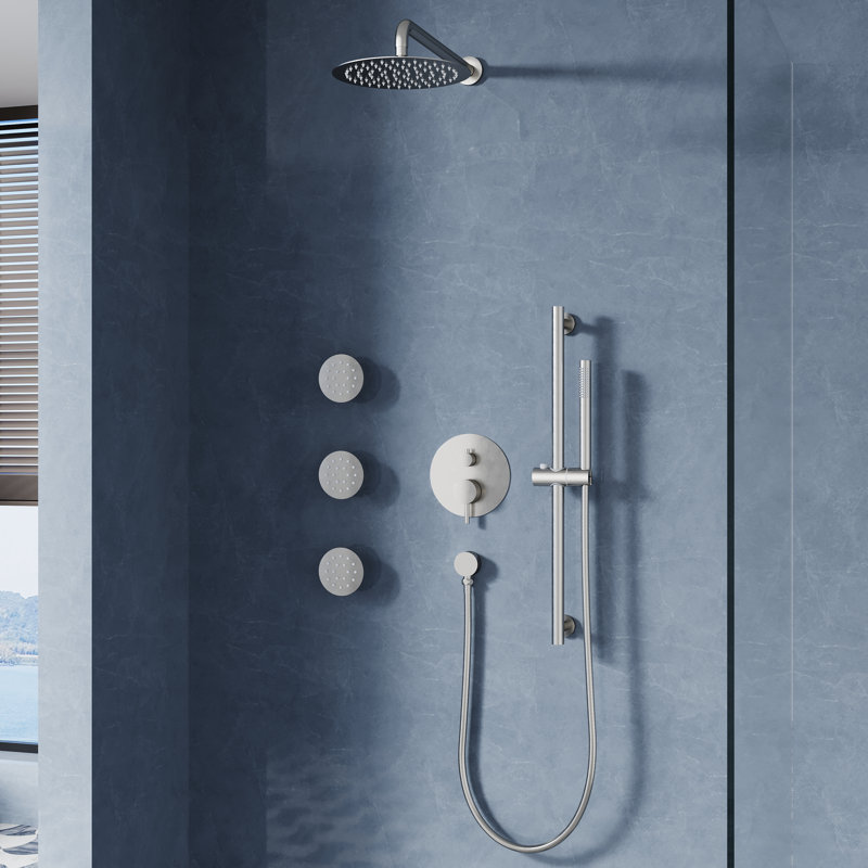 3-Function  Shower System With 10" Ultra-Thin Round Shower Head,Body Jets And Hand Shower (Valve Included), Brushed Nickel
