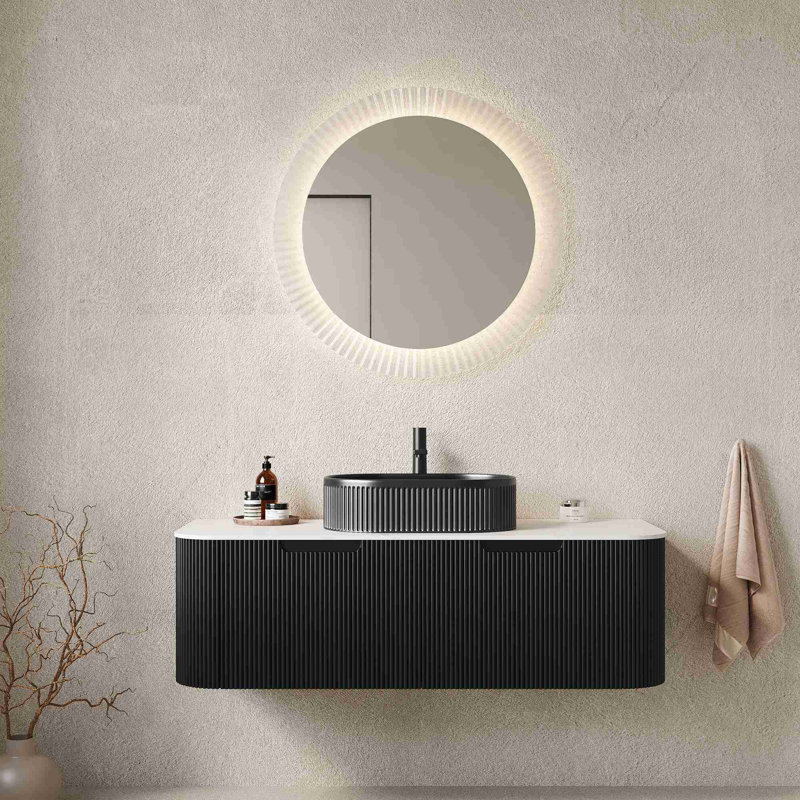 Meuble-lavabo de salle de bain 48 po avec lavabo, meuble-lavabo mural moderne à bords arrondis avec 2 tiroirs, vasque en céramique noire sans robinet et pré-assemblé