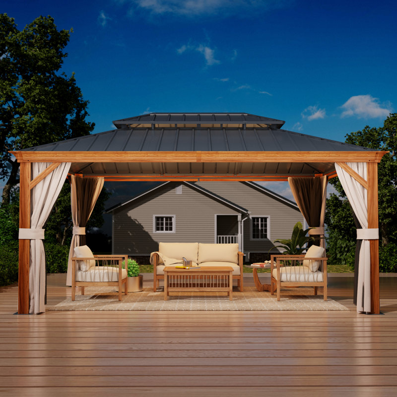 Outdoor Gazebo, Heavy Duty Steel Frame Gazebowith 2-tier Metal Roof, Suitable for Patios, Lawn and Backyard, 12x16FT