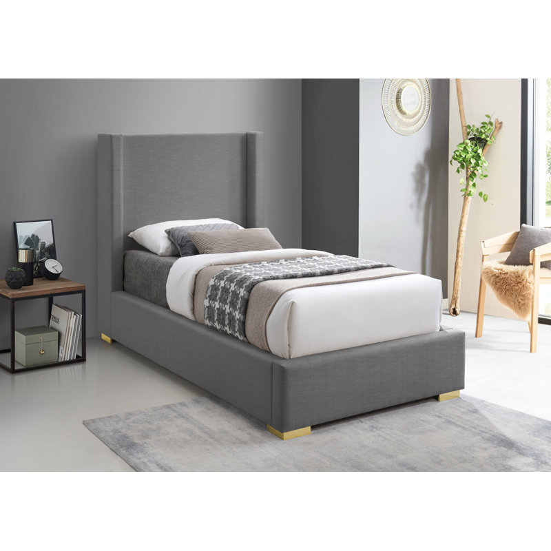 Royce Solid Wood and Upholstered Platform Bed, Twin, Grey Linen Textured Fabric
