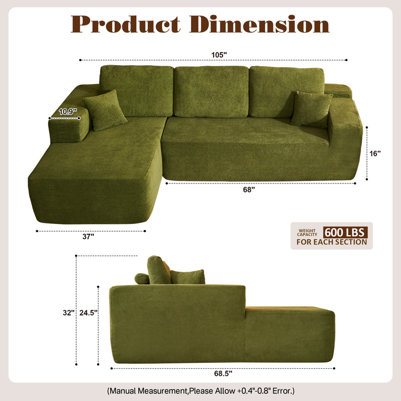 Boneless 105" 2 - Piece Upholstery Compression Sofa with 3 Seats, Corduroy Sectional Couch, No Assembly Required